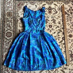 Vintage 1950’s Blue Silk Watercolor Floral sleeveless Cocktail evening dress